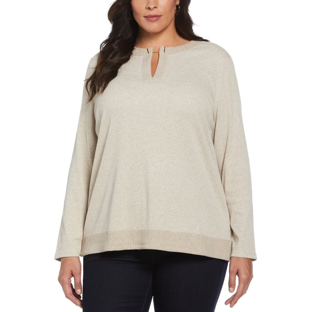 Rafaella Womens Plus Long-Sleeve V-Neck Top Chain Detail Cream 1XL NWT
